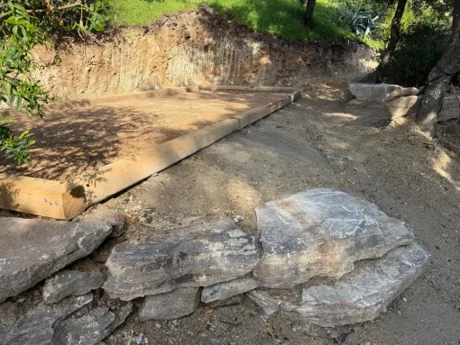 Terrassement, enrochement, terrain de pétanque, Lucciana, O.F Jardin